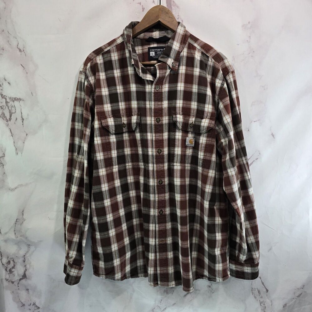Carhartt Shirt Mens Large Long Sleeve Red Brown Button Up Down Plaid Loose Fit